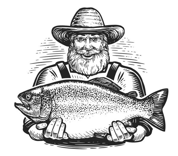 Happy Old Fisherman Big Caught Fish Fishing Concept Hand Drawn — Stock Vector