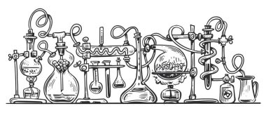 Lab flasks connected with test tubes. Chemical laboratory experiment. Laboratory graduated glassware sketch vector clipart