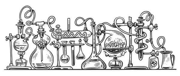 Лабораторные Колбы Связанные Пробирками Химический Лабораторный Эксперимент Лабораторный Вектор Эскиза — стоковый вектор
