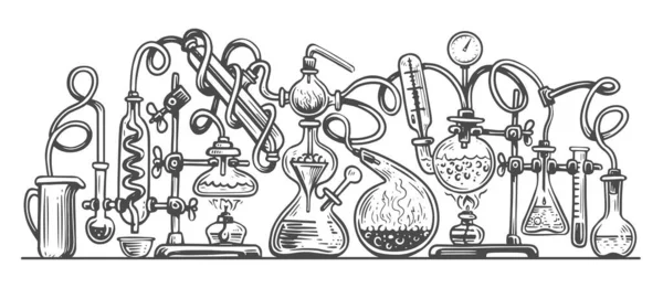 化学実験室実験 試験管に接続されたラボ用フラスコ 科学の概念 落書きイラスト — ストック写真