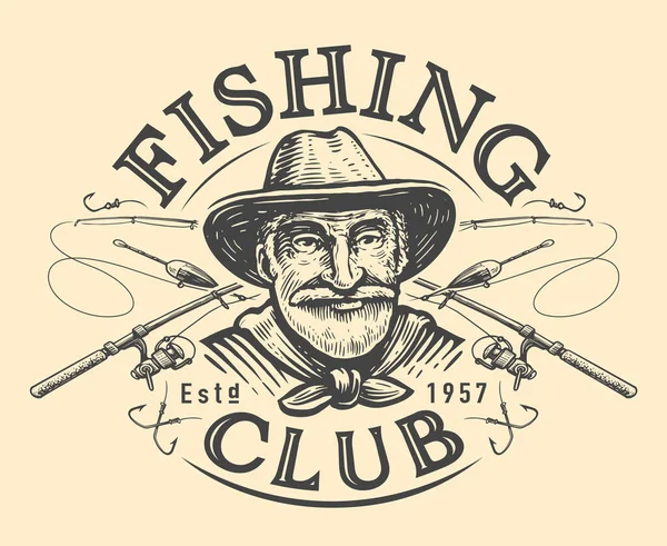 Эмблема Рыболовного Клуба Счастливый Пожилой Рыбак Скрещенные Удочки Ловли Рыбы — стоковый вектор