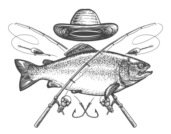釣りの紋章 大きな魚や釣竿を渡った ヴィンテージスケッチベクトルイラスト — ストックベクタ