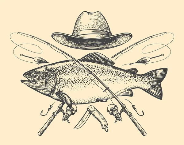 Emblema Pesca Stile Vintage Pesce Bastone Simbolo Sport Ricreazione Schizzo — Vettoriale Stock