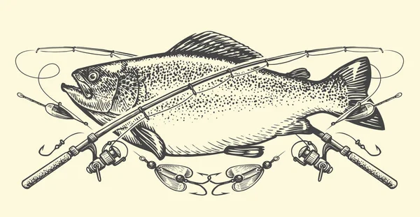 Ikan Besar Tongkat Silang Dan Lambang Tackle Memancing Konsep Gaya - Stok Vektor