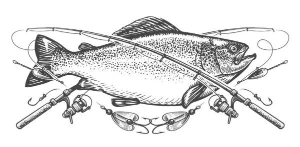 Pesca Peixe Hastes Emblema Esportes Recreação Esboço Ilustração Estilo Gravura — Fotografia de Stock