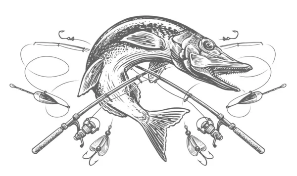 跳跃的鱼叉和交叉的钓竿与钩和钩 钓鱼标志草图 雕刻矢量图解 — 图库矢量图片
