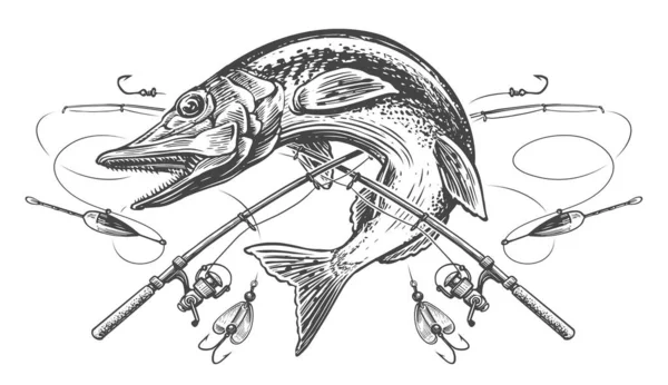 鱼叉和有钩钩的钓竿 体育钓鱼标志草图 雕刻图解 — 图库照片