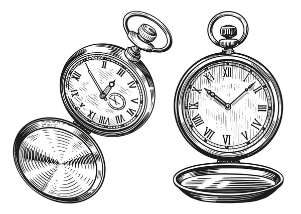 Conjunto Reloj Bolsillo Vintage Tiempo Mira Concepto Dibujo Dibujado Mano — Vector de stock