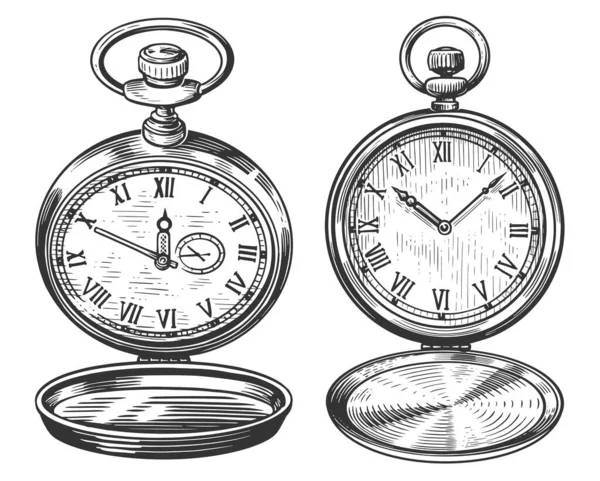 Retro Zegarek Kieszonkowy Pokrywą Klasyczny Zegar Odizolowany Ręcznie Rysowane Szkic — Zdjęcie stockowe