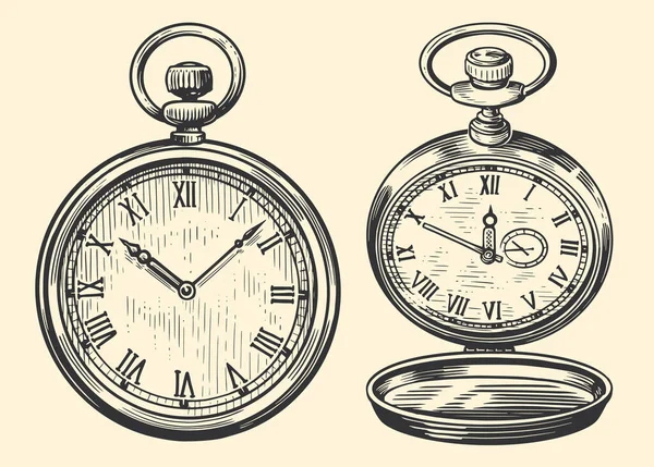 アンティークポケットウォッチ レトロ時計 時間の概念 ベクトルヴィンテージ彫刻イラスト — ストックベクタ