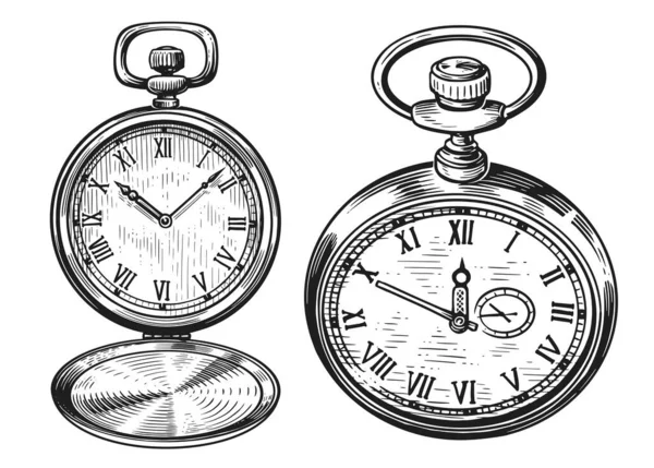 Ensemble Montre Poche Rétro Vieille Horloge Isolée Illustration Croquis Dessinée — Image vectorielle