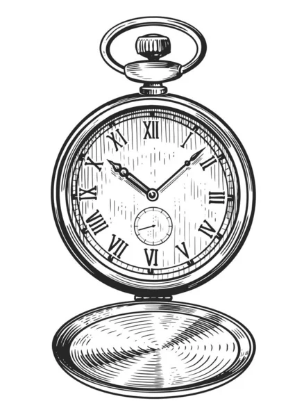 機械式古典的なポケットウォッチ 古い彫刻スタイルのアンティーク時計 手描きのヴィンテージスケッチイラスト — ストック写真