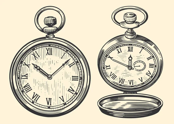 Antique Pocket Watch Retro Clock Time Concept Vector Vintage Engraved — Stock Vector