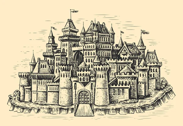 Mittelalterliche Stadt Steinerne Burg Mit Türmen Stadtbild Vintage Stil Skizzenvektorillustration — Stockvektor