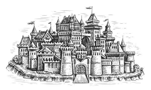 中世の町 塔と石の城 ヴィンテージ彫刻スタイルの都市景観 手描きスケッチイラスト — ストック写真