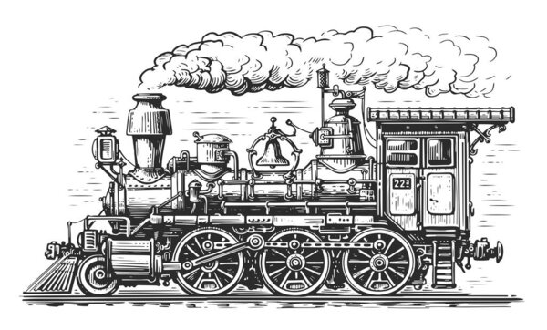 Ретро поезд в стиле винтажной гравировки. Паровозик ручной работы. Иллюстрация железнодорожного транспорта