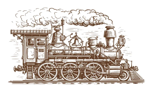 ヴィンテージ彫刻のスタイルでレトロな列車 手描き蒸気機関車 鉄道輸送スケッチベクトル図 — ストックベクタ