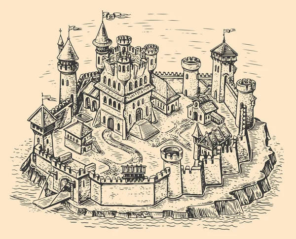 塔と石の壁に囲まれた様々な建物と古い中世の城 ヴィンテージ彫刻スタイルの町の地図 — ストックベクタ