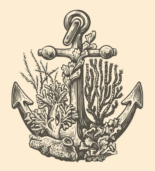 古旧的海锚在古老的雕刻风格 海洋概念 绘图矢量图解 — 图库矢量图片