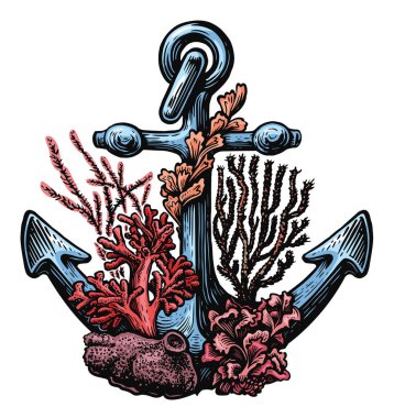 Mercanlar izole edilmiş eski çapa. Deniz konsepti. Renkli vektör illüstrasyonu