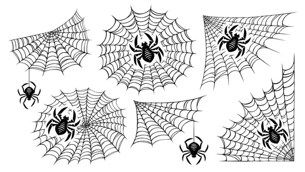 Spinnennetz Spinnenset Vorhanden Schwarze Netzmuster Mit Halloween Party Ornament Vektorillustration — Stockvektor
