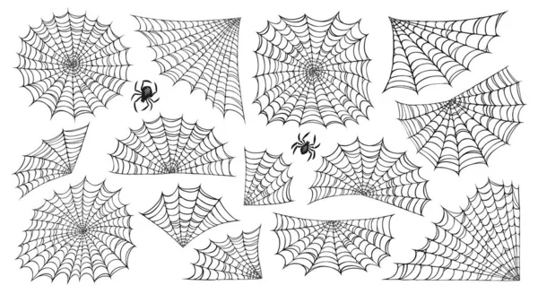 Set of varieties of web. Black mesh patterns with halloween ornament. Sticky weave trap and spider