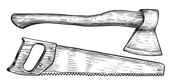 Axt Und Handsäge Skizzierten Die Illustration Holzbearbeitungsgeräte Set Vorhanden Tischlerhandwerkzeug — Stockfoto