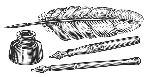 インクウェルと羽のキルディップペン 手描きのスケッチベクトル図ヴィンテージ彫刻スタイル — ストックベクタ