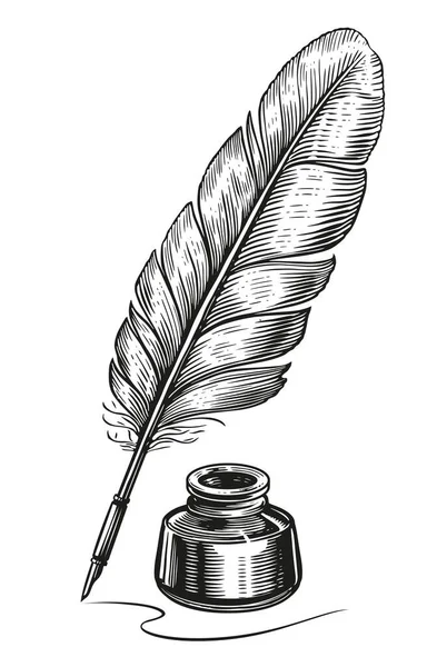 Inkwell Feather Fill Dip Pen Vintage Engraving Style Намальований Вручну — стоковий вектор