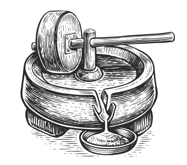Millwheel Med Handtagshållare Bearbetning Spannmålsfrön Till Mjöl För Matlagning Handritad — Stockfoto
