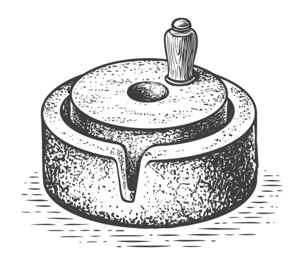 ハンドルホルダー付きミルホイール 手描きスケッチベクトルイラスト 穀物種子を小麦粉に加工して調理する — ストックベクタ