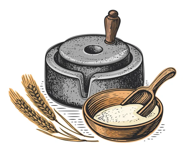 穀物と石臼のボウル ベクトルイラスト 小麦粉生産 ハンドミル 穀物を研削するための石器 — ストックベクタ