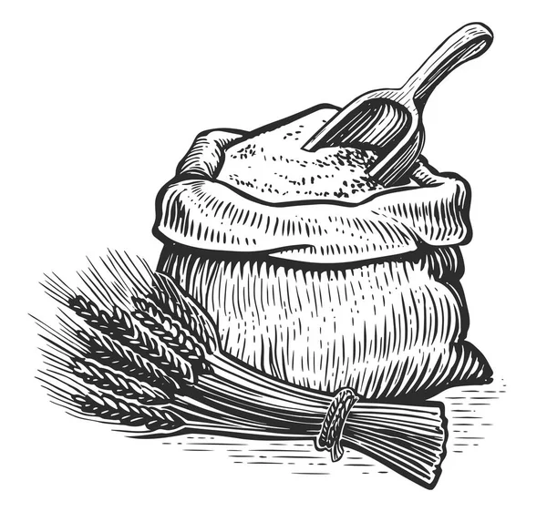 Sack Flour Scoop Ears Wheat Farm Food Vintage Sketch Vector — Stock Vector