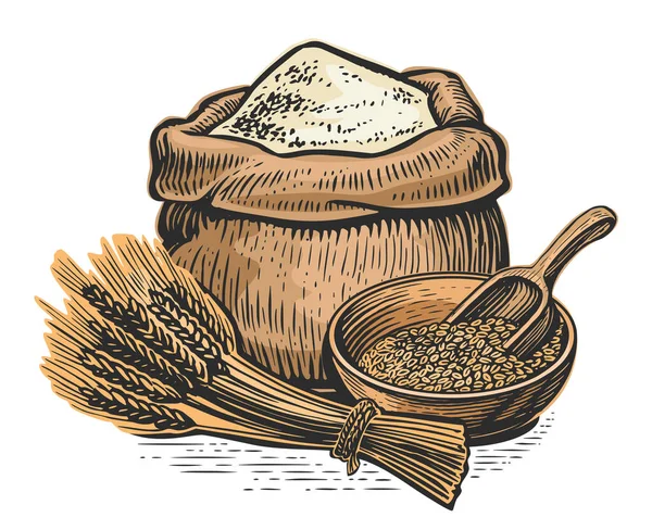 パンの小麦粉をバラップ袋に入れ 木目のボウルに木製のスクープと小麦の耳 ファームフードベクトルイラスト — ストックベクタ