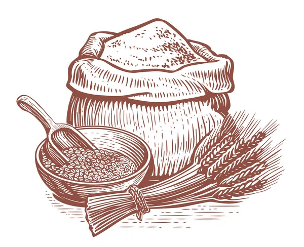 Εικονογράφηση Φορέα Σκίτσο Τροφίμων Αγρόκτημα Αλεύρι Ψωμιού Σακί Λινάτσα Μπολ — Διανυσματικό Αρχείο