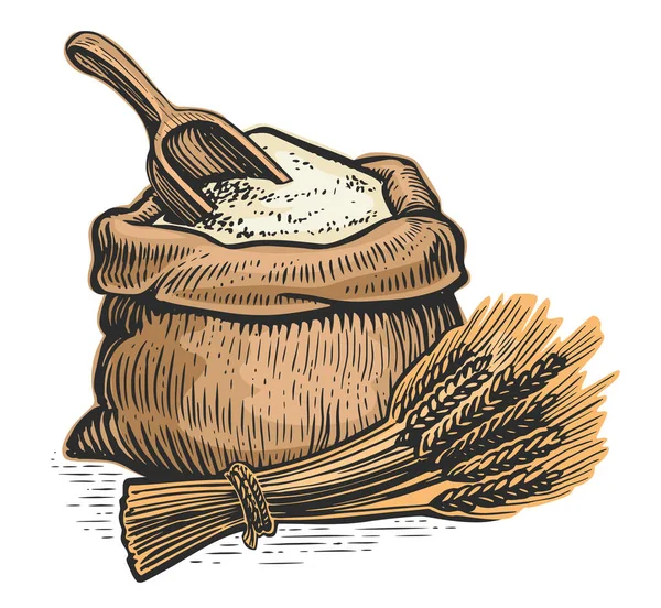 Αυτιά Σιταριού Αλεύρι Σακί Ξύλινη Κουτάλα Βιολογικά Γεωργικά Τρόφιμα Εικονογράφηση — Διανυσματικό Αρχείο