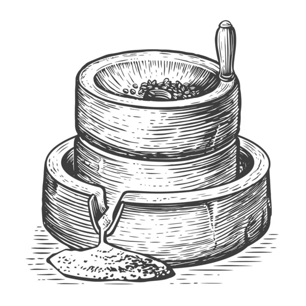 수동낡은 손으로 스케치 일러스트 씨앗을 가공하여 가루로 만들어 요리하는 — 스톡 벡터