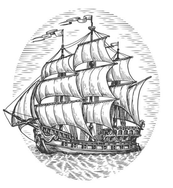Fartyg Med Segel Illustration Vintage Segelbåt Till Sjöss Skiss Gravyr — Stockfoto