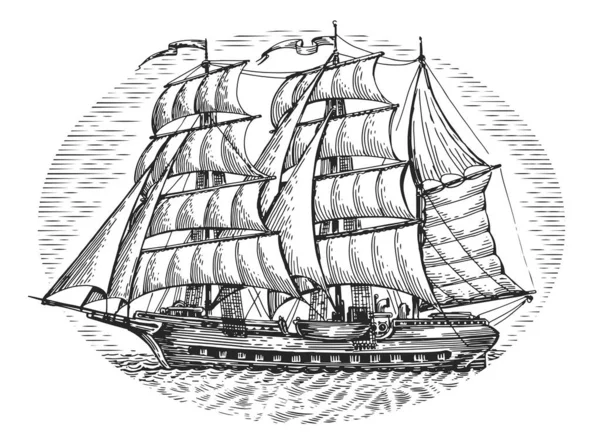 Vintage Segelbåt Havet Skiss Gammal Fartyg Med Segel Illustration Gravyr — Stockfoto
