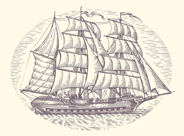 彫刻スタイルの海のヴィンテージセーリング船 帆を持った古い帆船 手描きのスケッチベクターイラスト — ストックベクタ