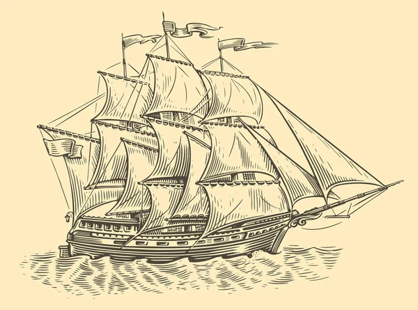 Croquis Voilier Vieux Voilier Navigue Sur Les Vagues Mer Dans — Image vectorielle