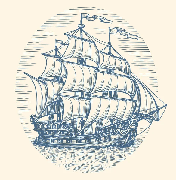 Hand Drawn Ship Frigate Sailboat Old Sketch Vintage Engraving Style — Stock Vector