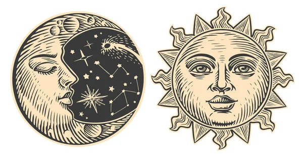 Sun Moon Face Day Night Concept Hand Drawn Vintage Vector — Stock Vector