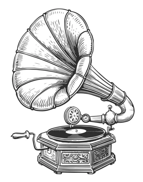 Style Gravure Gramophone Vintage Ancien Tourne Disque Avec Disque Vinyle — Photo