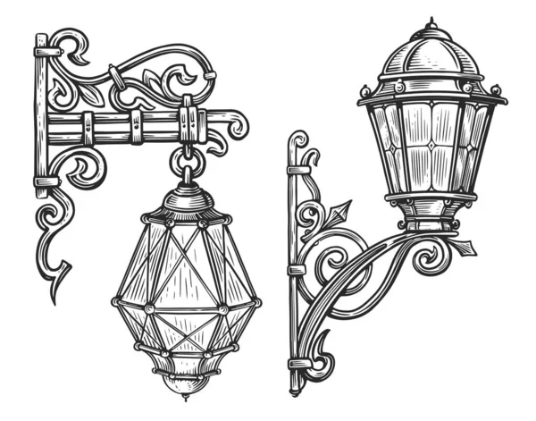 Настінна Кована Вулична Лампа Стилі Гравіювання Ескіз Ліхтаря Старовинна Ілюстрація — стокове фото