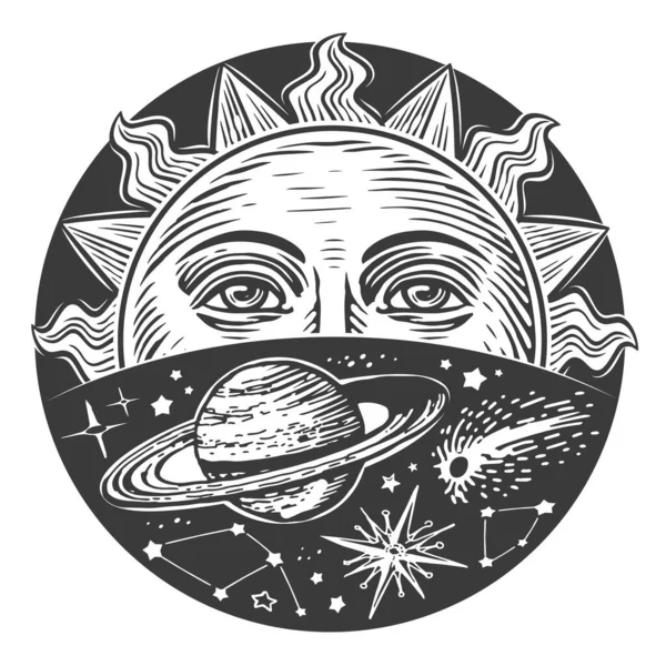 Sun Face Stars Space Monochrome Celestial Print Boho Style Design — Stock Photo, Image