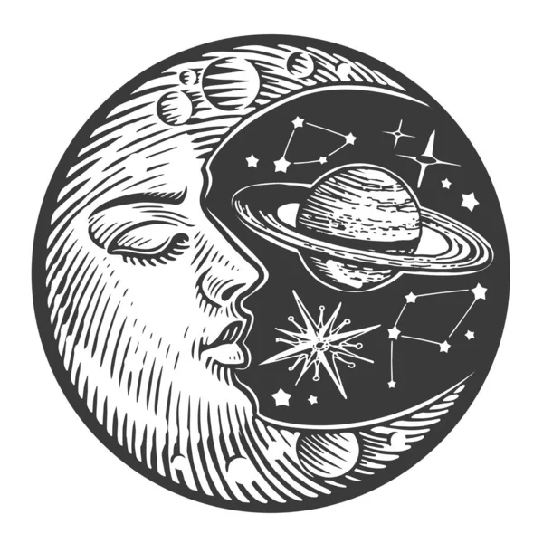 Srpek Měsíce Hvězdy Vinobraní Rytiny Ilustrace Designu Boho — Stock fotografie