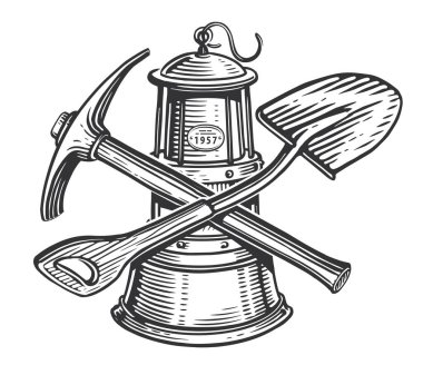 Lantern and crossed shovel, pickaxe. Mining equipment and tools. Sketch vintage vector illustration engraving style clipart