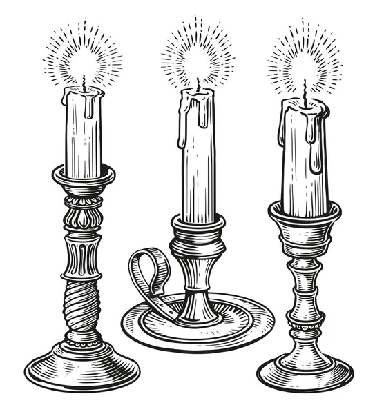 Candlestick Burning Candle Vintage Lantern Sketch Vector Illustration — Stock Vector