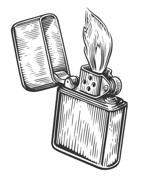 Fire Flame Lighter Burns Lid Open Burning Cigarette Lighter Sketch — Stock Vector